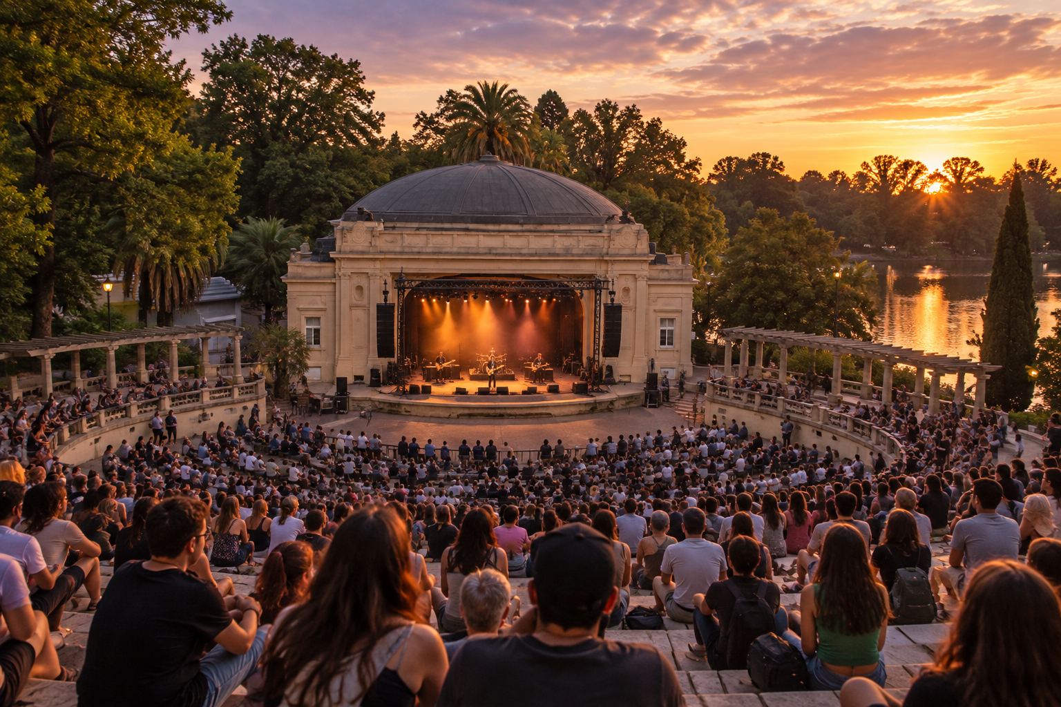 Anfiteatro al aire libre con público al atardecer